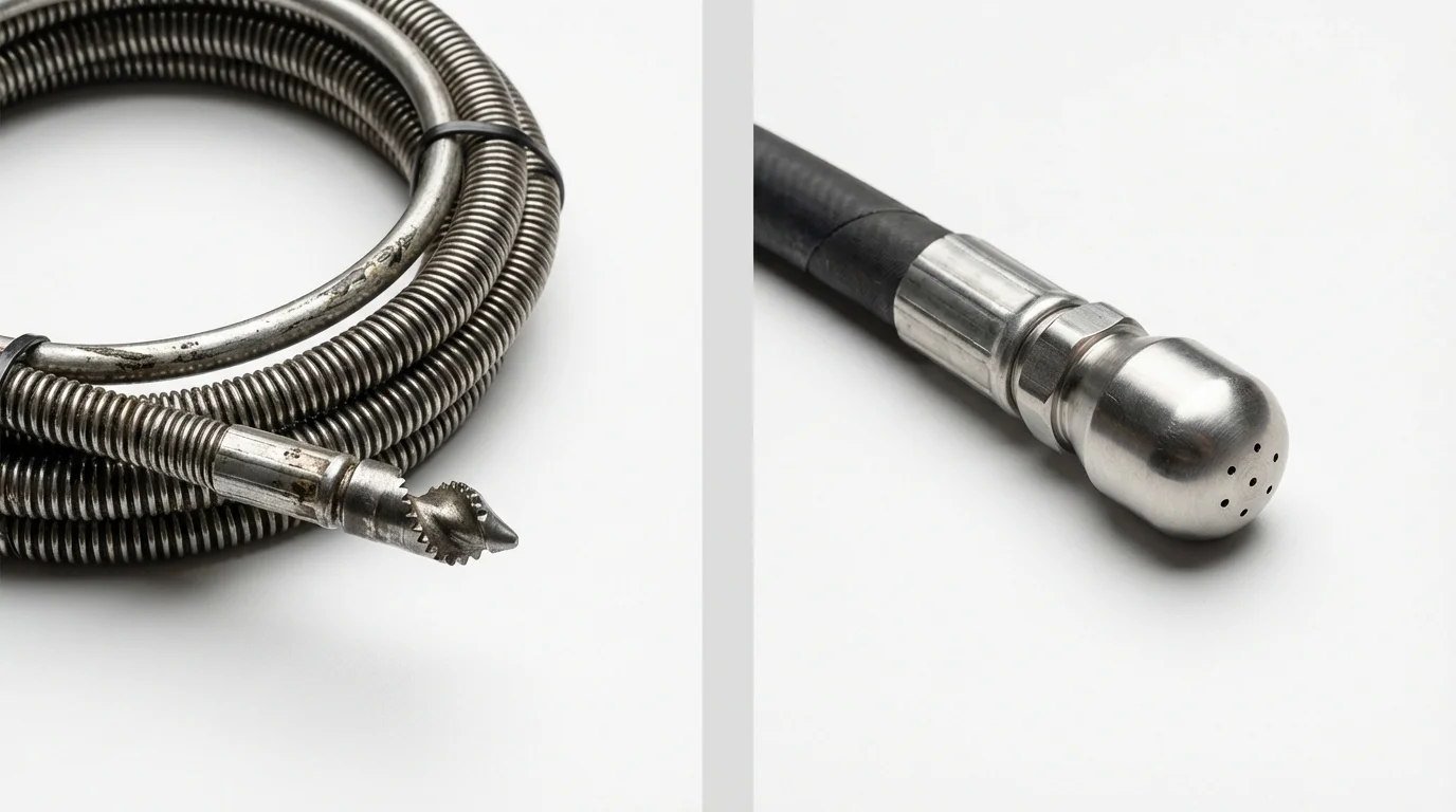 Drain snake cable and hydro jetting nozzle used for drain cleaning in Hope, IN