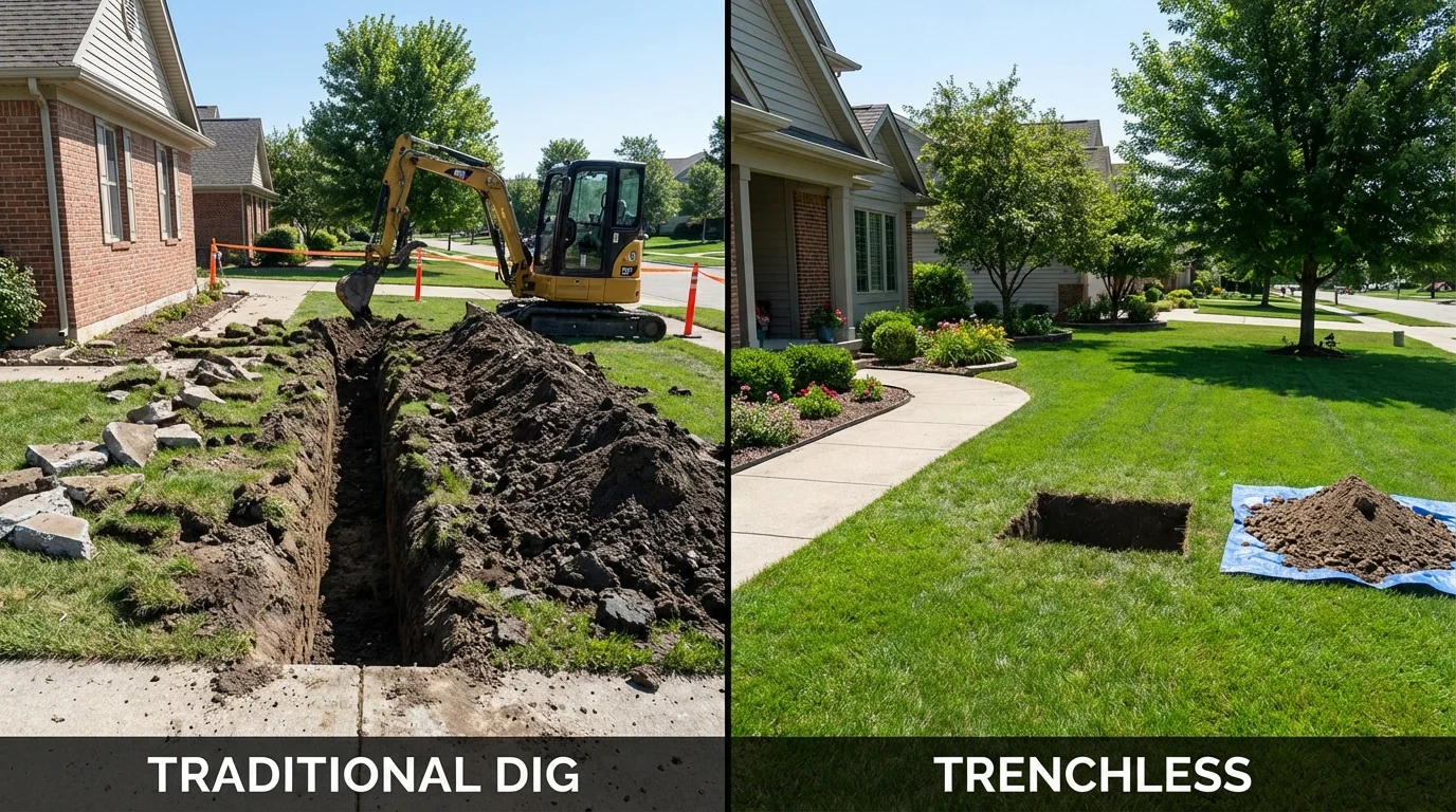 Trenchless sewer repair with minimal yard damage versus traditional excavation in Hope, IN